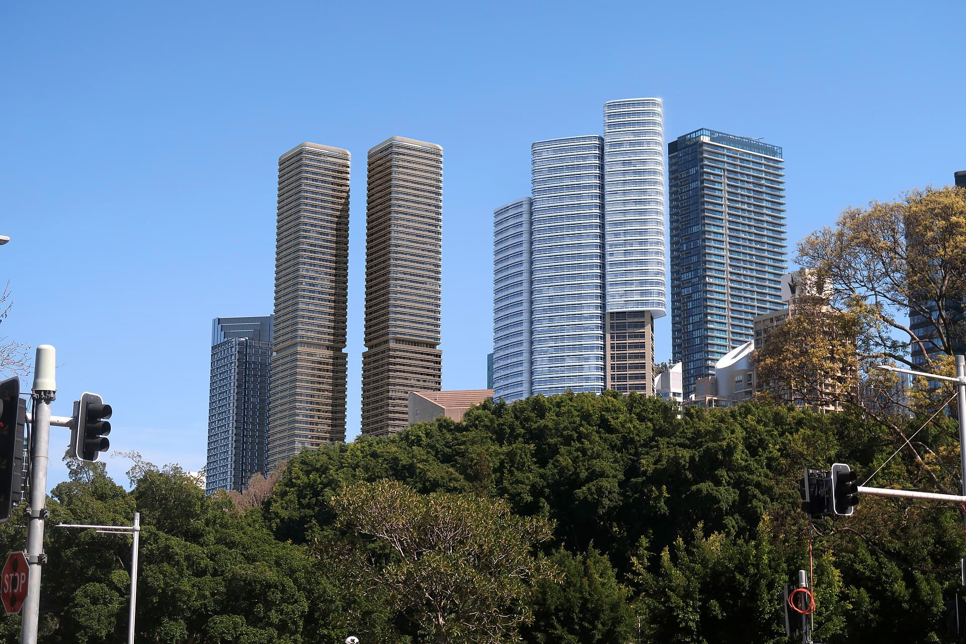 Sydney skyline seen from Hyde Park on a clear day